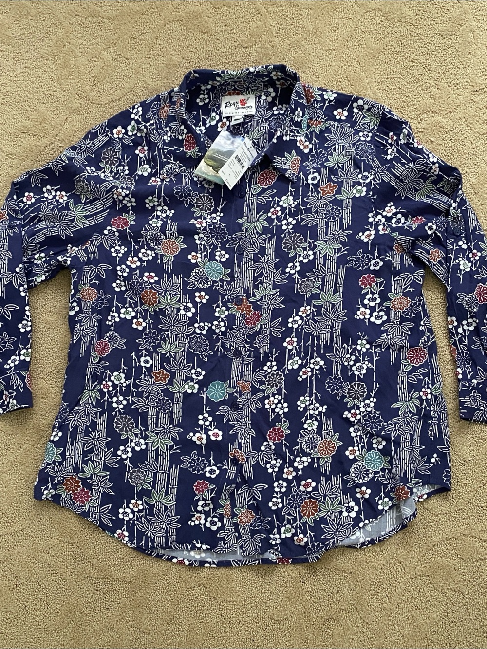 Reyn Spooner Women's Large Michelle Nippon Forest Button Up Blue Floral Bamboo